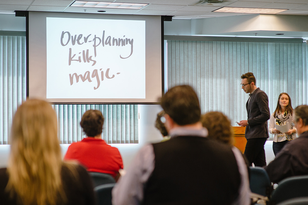 Image of a presentation screen that says "Overplanning kills magic"