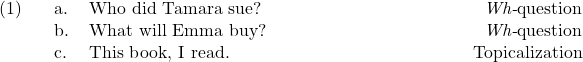 \ex. \a. Who did Tamara sue? \hfill \textit{Wh-}question \b. What will Emma buy? \hfill \textit{Wh-}question \c. This book, I read. \hfill Topicalization