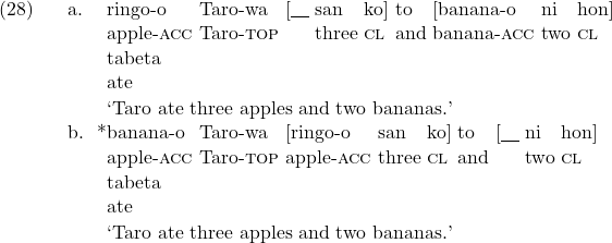 \setcounter{ExNo}{27}  \ex. \ag. ringo-o Taro-wa [{\underline{\hspace{10pt}}} san ko] to [banana-o ni hon] tabeta\\ apple-\textsc{acc} Taro-\textsc{top} {} three \textsc{cl} and banana-\textsc{acc} two \textsc{cl} ate\\ \trans `Taro ate three apples and two bananas.' \bg. *banana-o Taro-wa [ringo-o san ko] to [{\underline{\hspace{10pt}}} ni hon] tabeta\\ apple-\textsc{acc} Taro-\textsc{top} apple-\textsc{acc} three \textsc{cl} and {} two \textsc{cl} ate\\ \trans `Taro ate three apples and two bananas.'