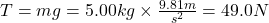 T=mg=5.00kg\times\frac{9.81m}{s^2}=49.0N