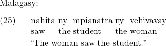 \setcounter{ExNo}{24} Malagasy: \exg. nahita ny mpianatra ny vehivavay\\ saw the student the woman\\ \trans `The woman saw the student.''