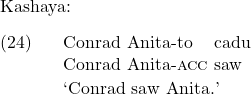 \setcounter{ExNo}{23}  Kashaya: \exg. Conrad Anita-to cadu\\ Conrad Anita-\textsc{acc} saw\\ \trans `Conrad saw Anita.'