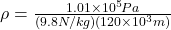 \rho=\frac{1.01 \times 10^5 Pa}{(9.8N/kg)(120 \times 10^3 m)}