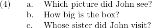 \setcounter{ExNo}{3}  \ex. \a. Which picture did John see? \b. How big is the box? \c. Whose sister did John visit?