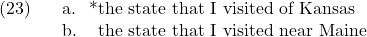 \setcounter{ExNo}{22}  \ex. \a. *the state that I visited of Kansas \b. the state that I visited near Maine