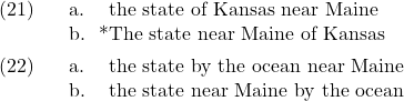 \setcounter{ExNo}{20}  \ex. \a. the state of Kansas near Maine \b. *The state near Maine of Kansas  \ex. \a. the state by the ocean near Maine \b. the state near Maine by the ocean
