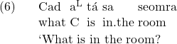 \setcounter{ExNo}{5}  \exg. Cad a\textsuperscript{L} t\'a sa seomra\\ what \textsc{C} is in.the room\\ \trans `What is in the room?