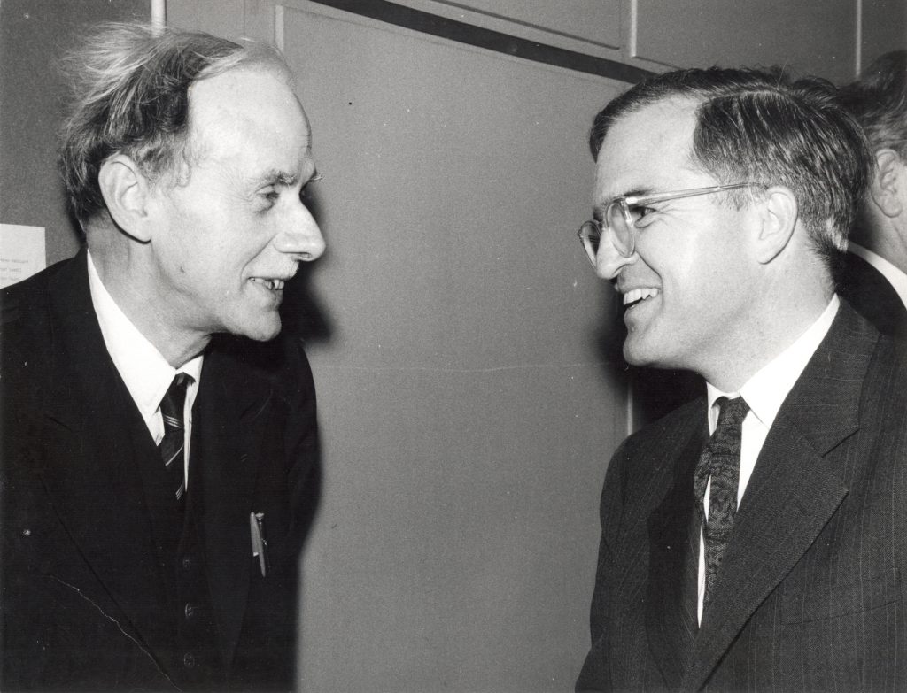 Dirac in conversation with Aage Bohr, Niels Bohr’s son and a physics Nobel laureate of 1975. The occasion was the Niels Bohr commemoration meeting held in Copenhagen 1963. Photographer: John Stær. Credit: Niels Bohr Archive, Copenhagen.