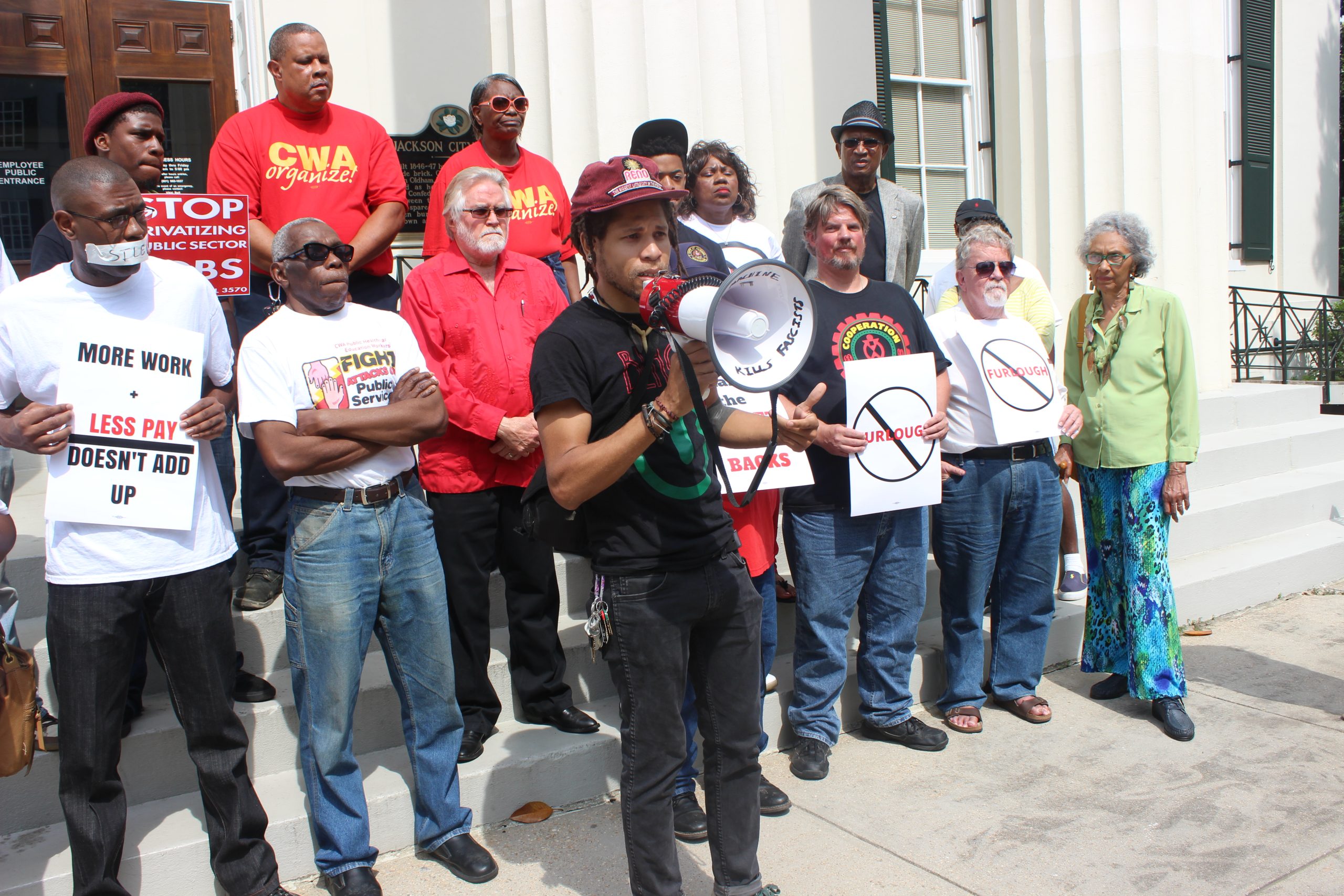 brandon king speaking at City Workers Furlough protest