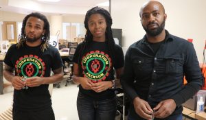 The Community Production Team, Omilade Akinola Gonzalez, Gyasi Williams, and Amalya Livingston at the INCITE FOCUS Fab Lab in Detroit, H