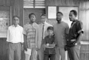 From left to right: Fatehali Hirji (my father), Walter Rodney, Karim Hirji, Munir Hirji (my brother), Joe L Kanywanyi and Haroub Othman, Dar es Salaam air- port, August 1971.