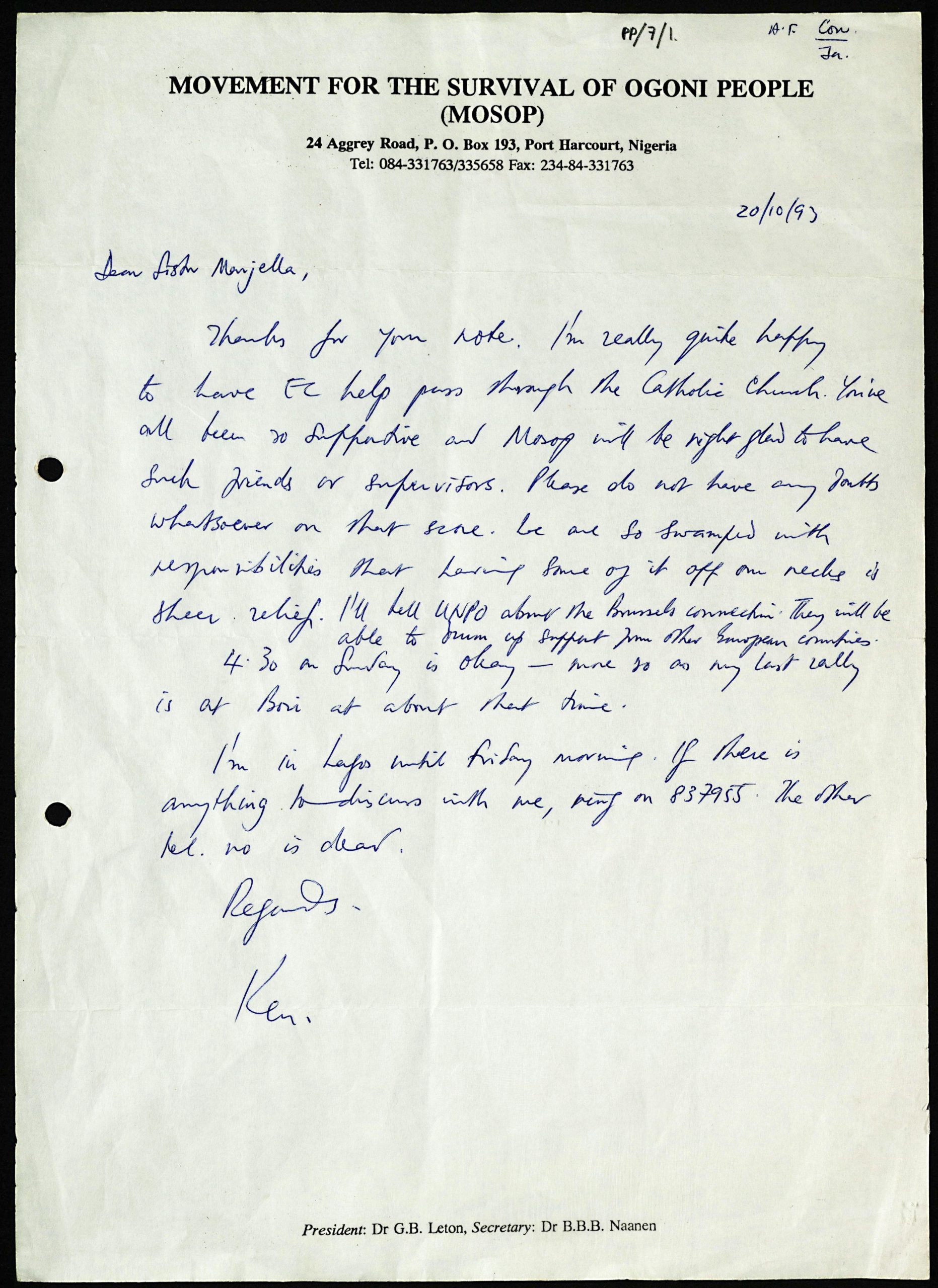 Letter from Ken Saro-Wiwa to Sr. Majella McCarron, 20/10/93. Maynooth University Ken Saro-Wiwa Archive