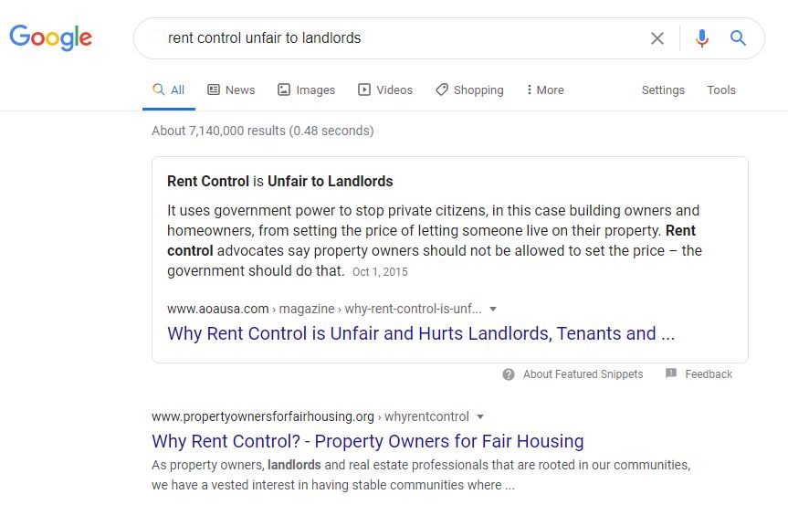 Google search for "is rent control unfair to landlords" shows top result titled "Why Rent Control is Unfair and Hurts Landlords"
