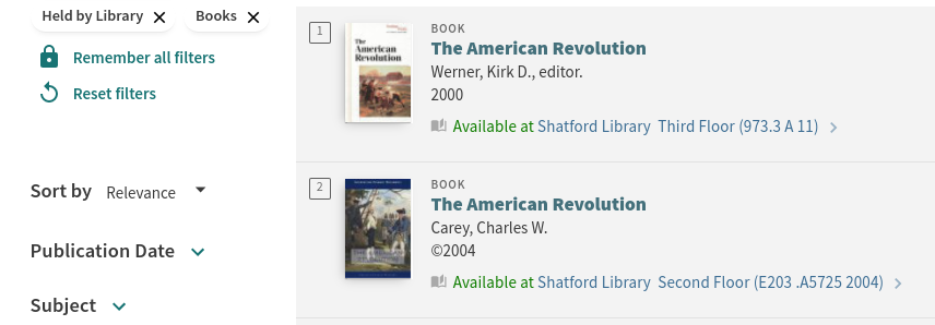 OneSearch results showing two American Revolution books with their availability status.