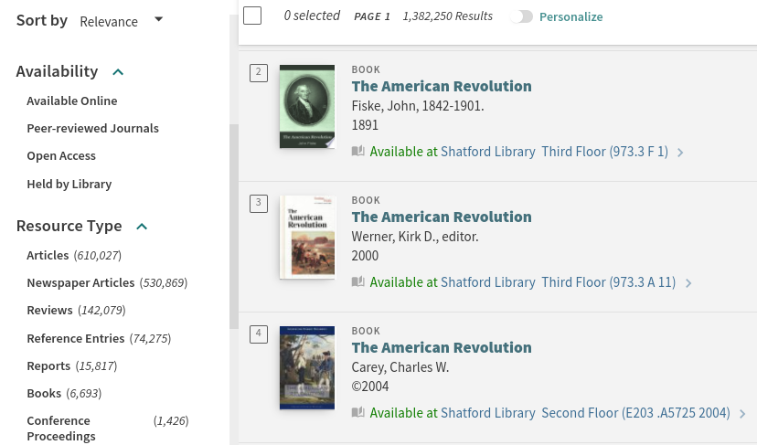 A list of search results in OneSearch displaying search filters and items for the American Revolution.