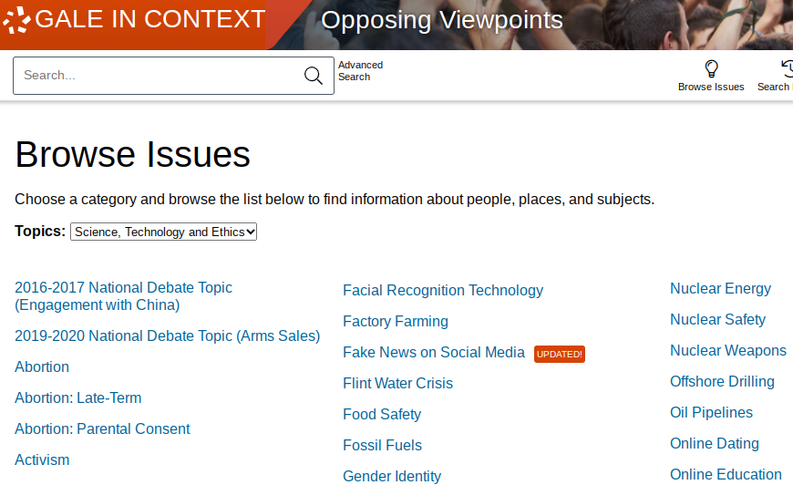 The Opposing Viewpoints "Browse Issues" page has links to topics of social debate like Fake News and Offshore Drilling