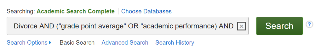 A screenshot of a search statement in EBSCO's basic search with Boolean AND, OR, phrase searching, and nesting illustrated