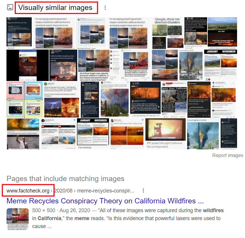 Google reverse image search results show visually similar images and a fact-check of the meme from factcheck.org