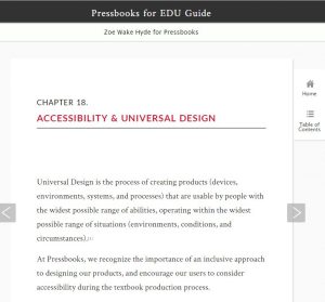 Screenshot of PressBooks Accessibility and Universal Design Page