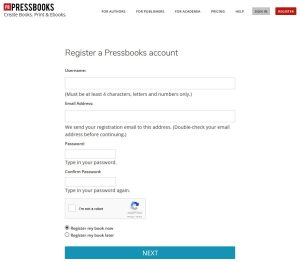 Pressbooks Registration Screen