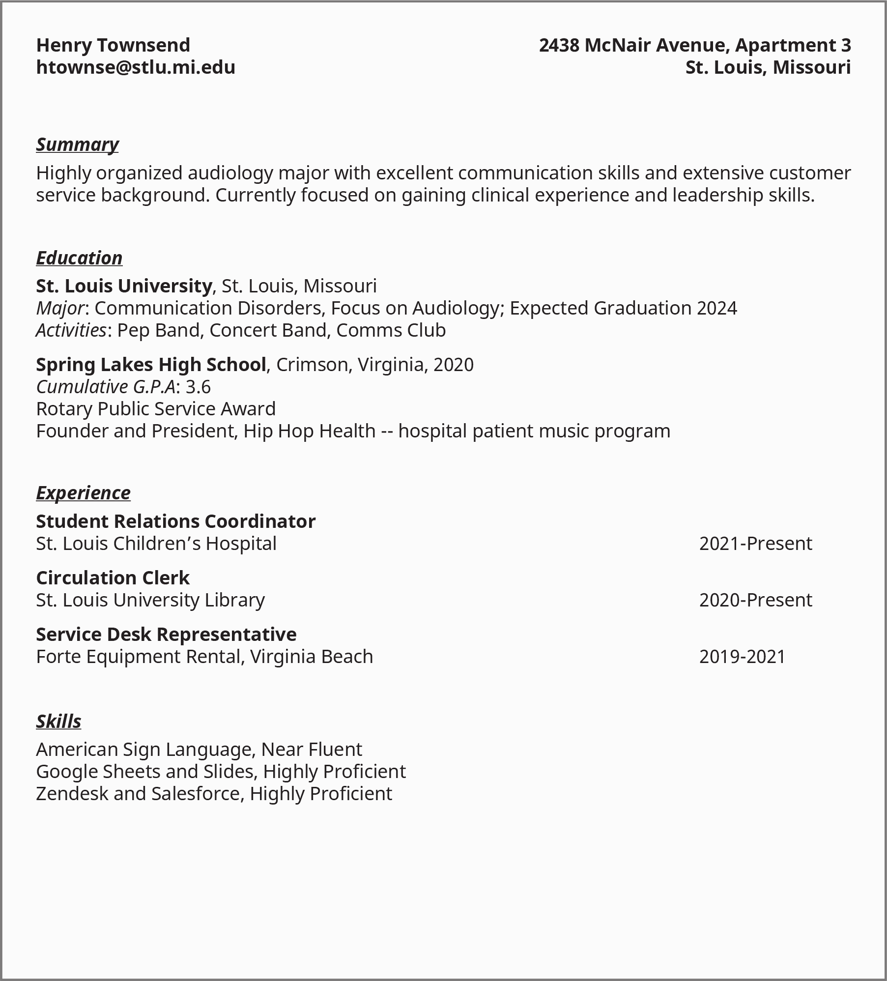 An image shows a sample resume from a college student listing details under the heads “Summary,” “Education,” “Experience,” and “Skills.”
