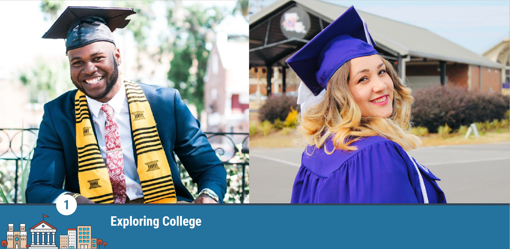 The photo on the left shows an African male student in academic dress sitting outdoors and smiling at the camera. The outdoor photo on the right shows a Caucasian female student smiling at the camera.