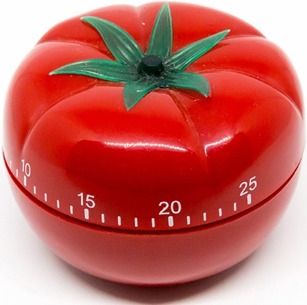 A Pomodoro kitchen timer, resembling a tomato with a scale marked on its body.
