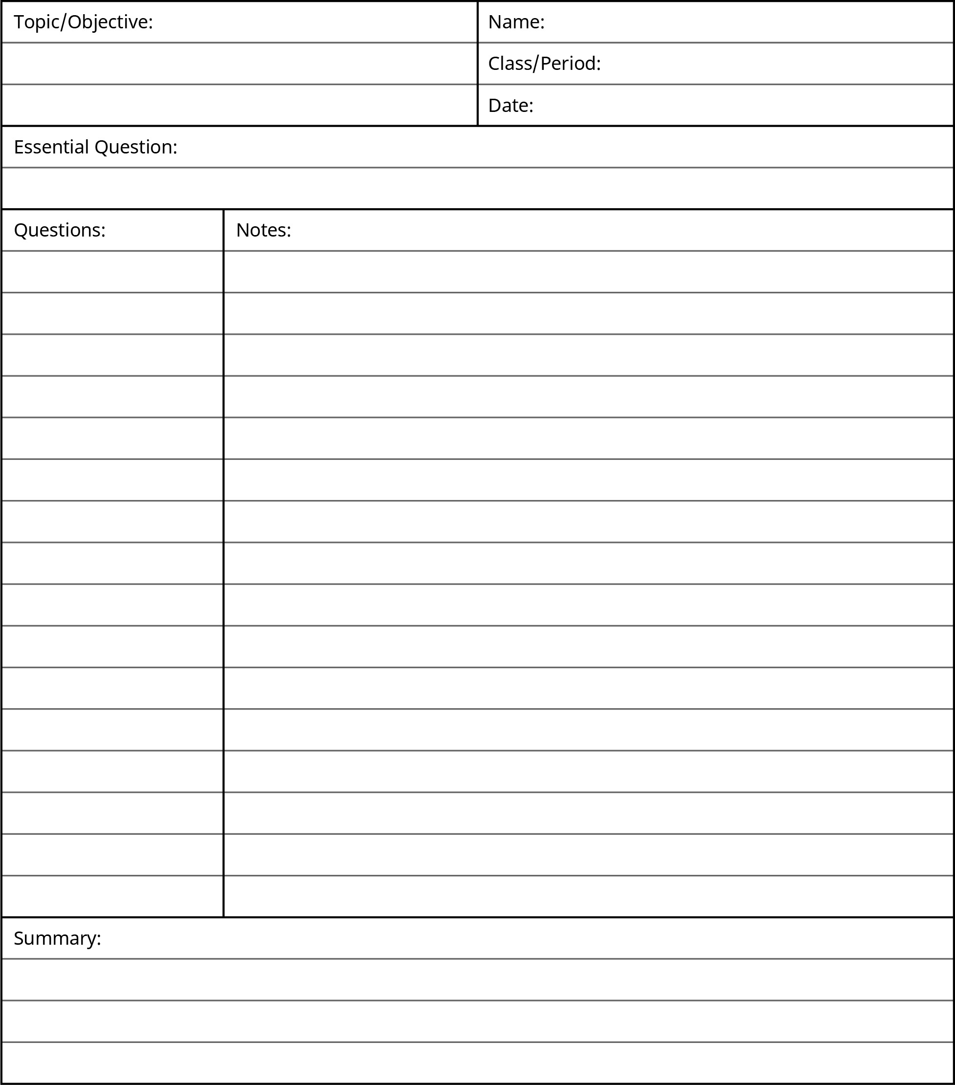 A page of a school notebook has rows and columns for “Topic/Objective,” “Name,” “Class/Period,” “Date,” “Essential Question,” “Questions,” “Notes,” and “Summary.”