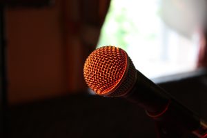 A microphone head is centered in the image and painted red. There is a window in the background.