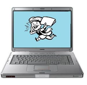 An image of an open laptop faces the viewer. The screen is a bright blue color background with an illustration of a newsboy holding a newspaper and yelling.