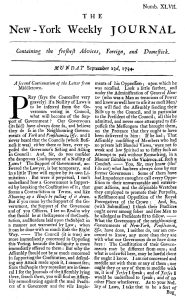 A full-page copy of an edition of Zenger's newspaper from 1734. The title reads The New York Weekly Journal. The text is a sea of gray with English spellings and no images.
