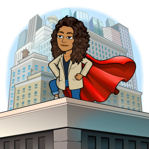 The avatar of Professor HB with a red cape standing on a building like Superman.