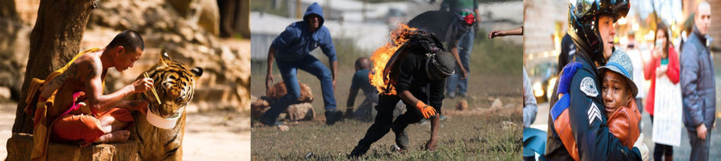 Monk feeding tiger, man on fire, boy hugging officer