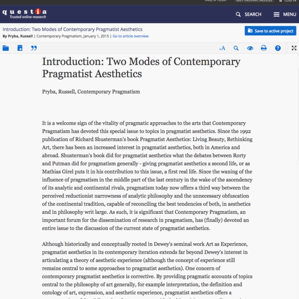 Scholarly article: Two Modes of Contemporary Pragmatist Aesthetics