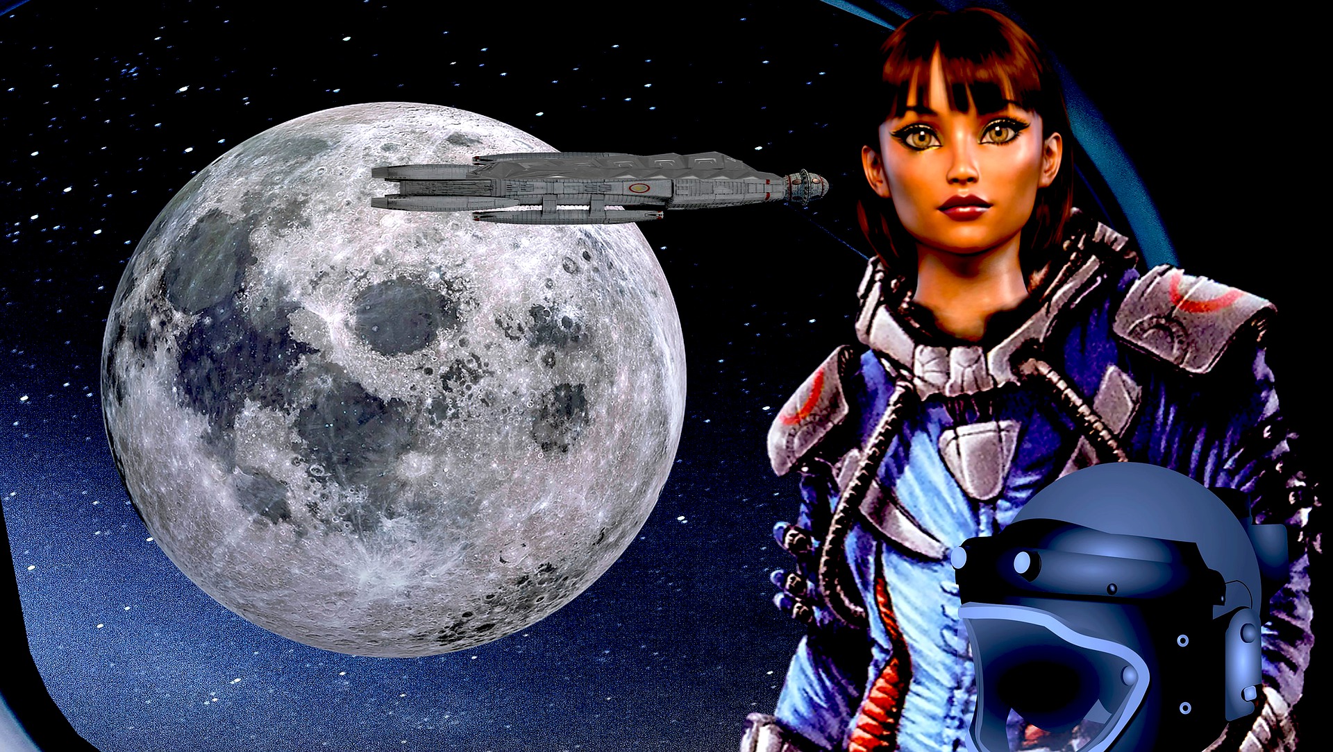 An illustration of a woman wearing a spacesuit with the moon and a spacecraft in the background.