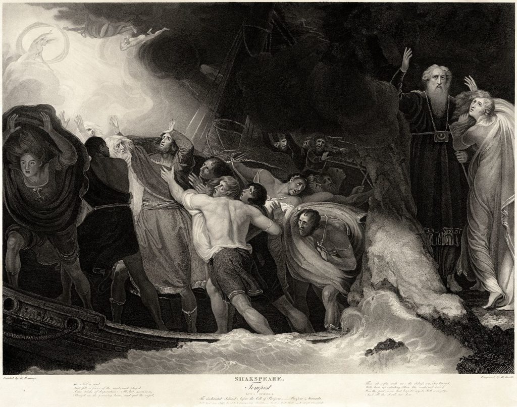 Sailors take cover from a storm in an engraving of The Tempest