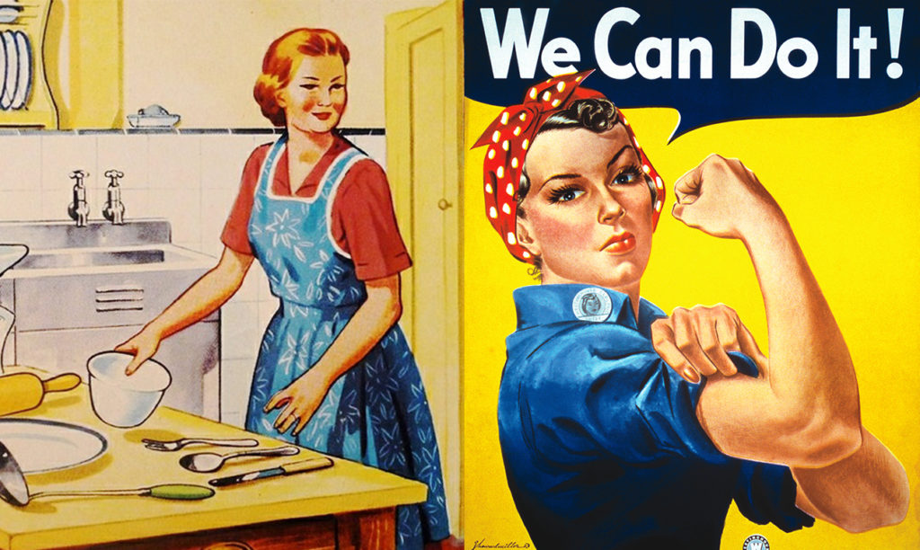 Woman flexing muscles next to a woman cooking in the kitchen