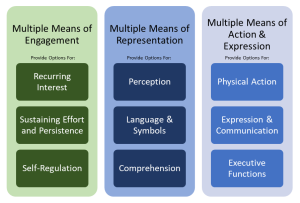 The three domains of the UDL guidelines include Multiple Means of Engagement, Multiple Means of Representation, and Multiple Means of Action & Expression.