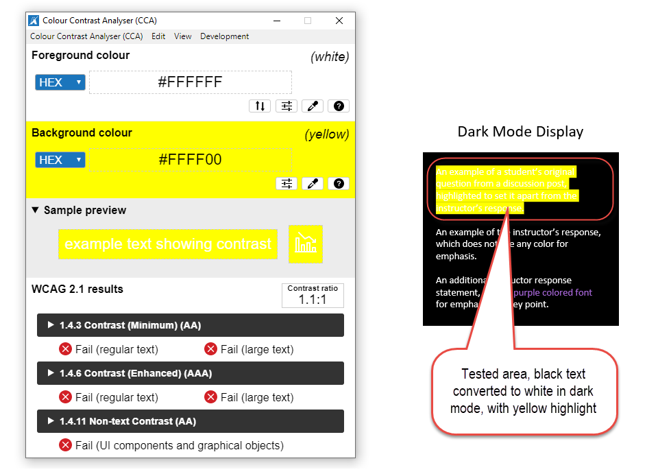 The yellow highlight completely "washes out" the default format text, which converts to white on a "dark mode" screen.