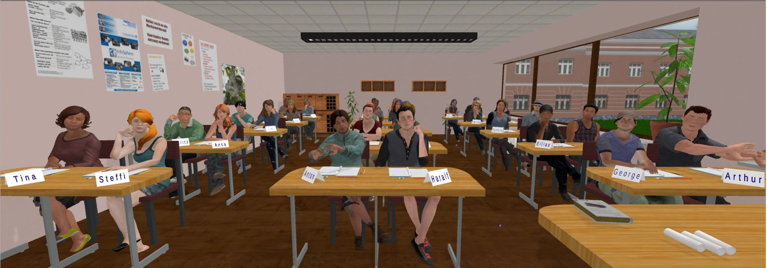 Note. A simulated virtual reality classroom used to train teachers classroom management. From "Comparing Video and Virtual Reality as Tools for Fostering Interest and Self-Efficacy in Classroom Management: Results of a Pre-Registered Experiment," by Y. Huang, E. Richter, T. Kleickmann, & D. Richter, 2023, British Journal of Educational Technology, 54(2), pp. 467-488.