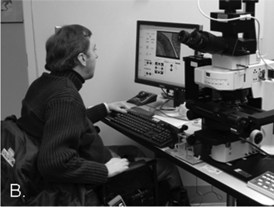 Note. Image of a scientist using an AccessScope apparatus to examine a slide without having to stand-up. From "AccessScope Project: Accessible Light Microscope for Users with Upper Limb Mobility or Visual Impairments," by A. Mansoor, W. M. Ahmed, A. Samarapungavan, J. Cirillo,D. Schwarte, J. P. Robinson, & B. S. Duerstock, 2010, Disability and Rehabilitation: Assistive Technology, 5(2), pp. 143-152.