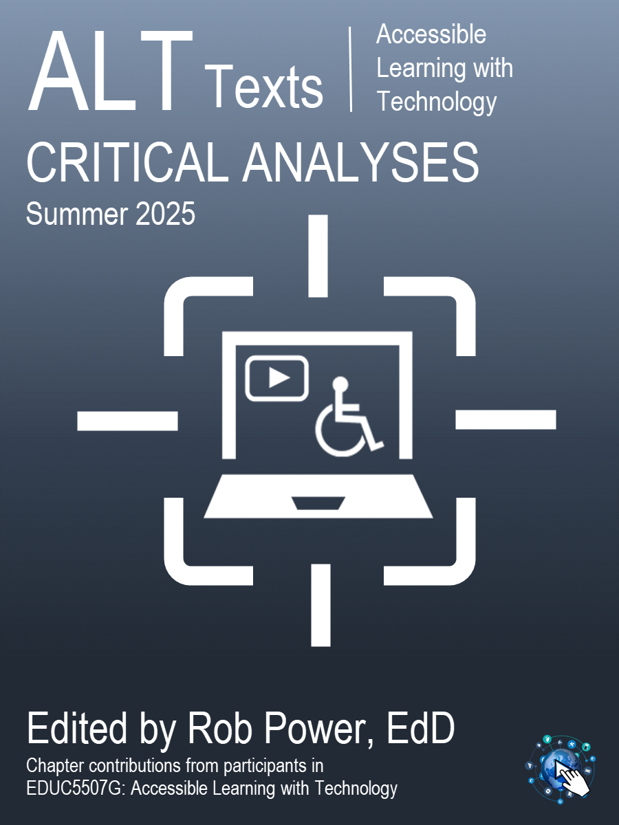 Cover art for ALT Texts: Cricital Analyses 2025, depicting white clipart of a computer with an accessibility icon and a play icon on its screen, within a set a white crosshairs to signify targetting accessible digital design.