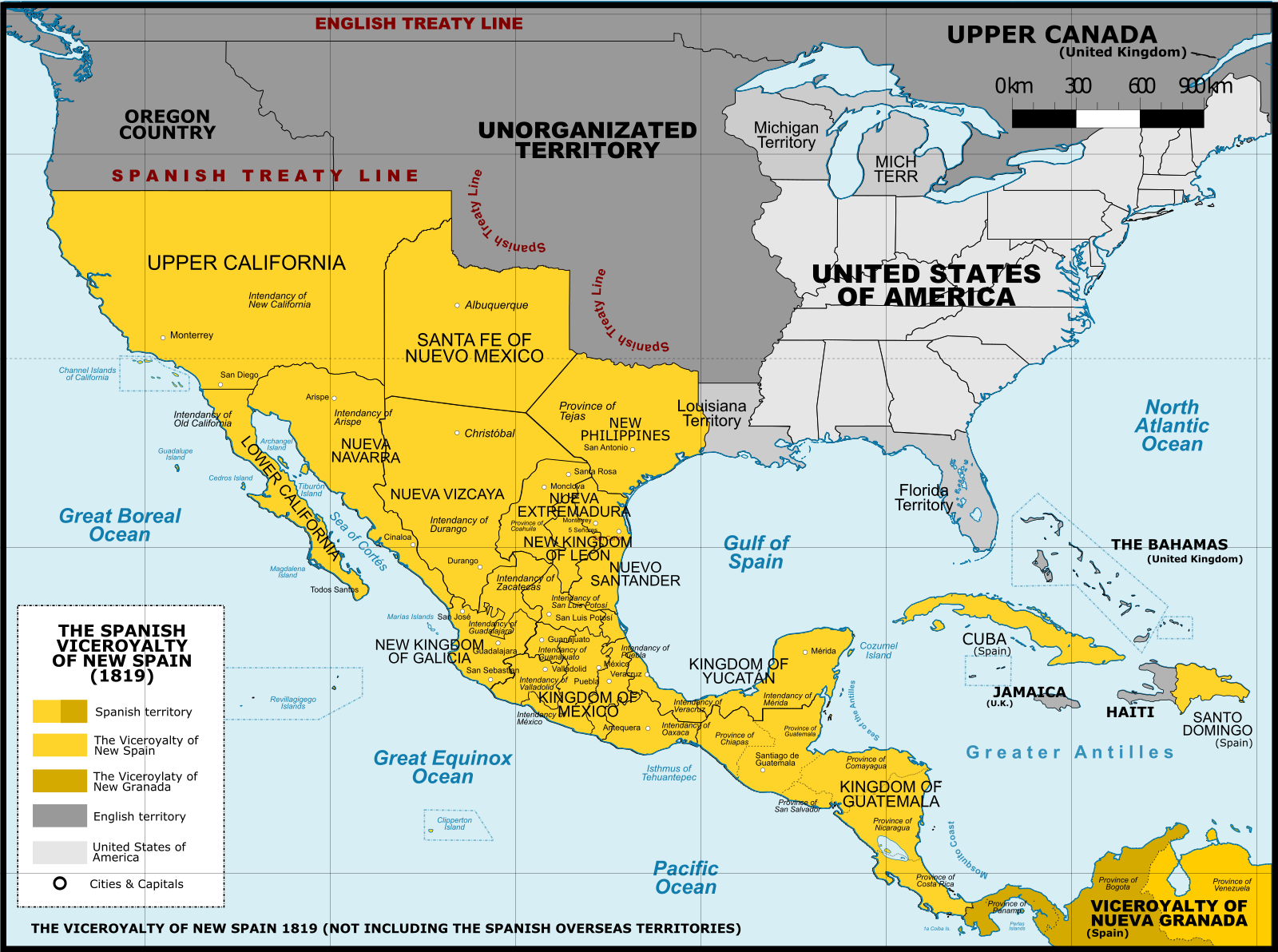 Map showing the extent of New Spain's territory across North & Central America in 1819