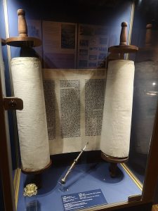 A photography of a Torah Scroll displayed in a museum