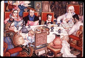 A painting of a family celebrating Passover