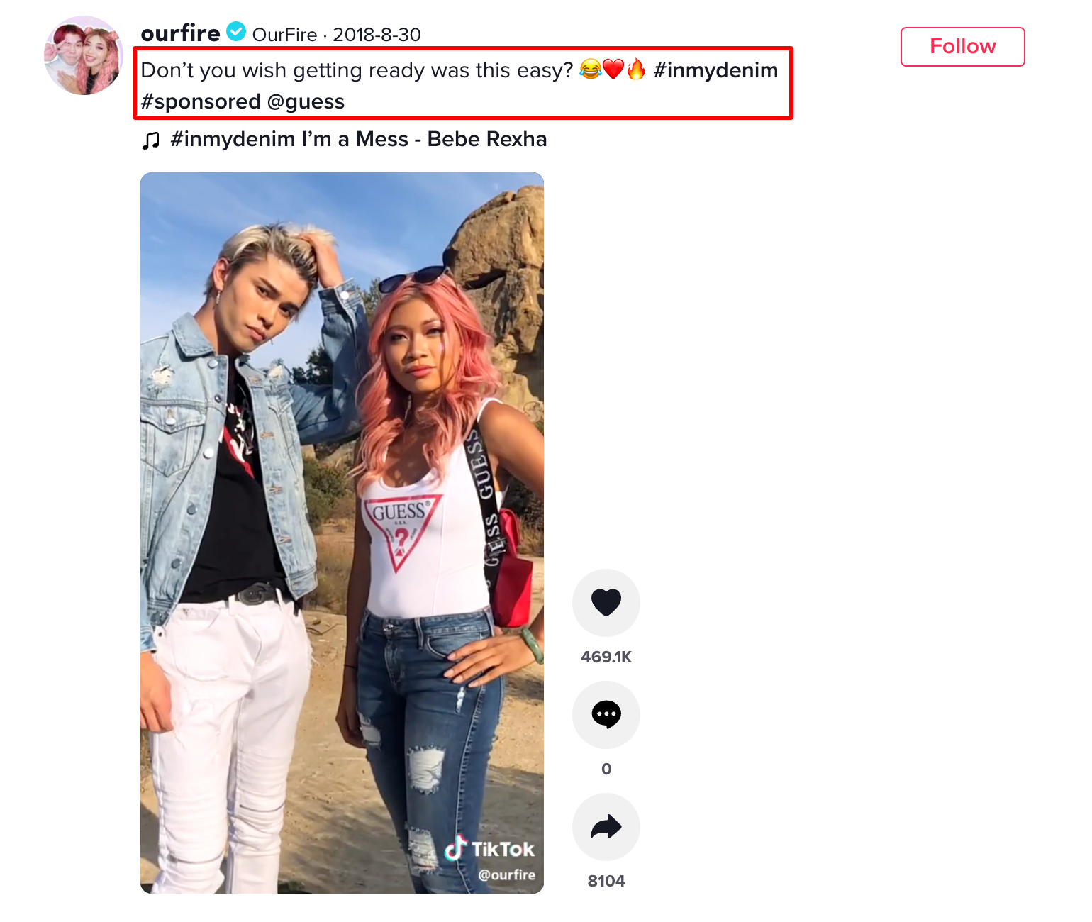 Ourfire, a Tik Tok channel with 5.7 million influencers, advertises for Guess in a sponsored post.