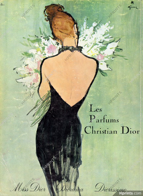 Christina Dior perfume ad shows a woman in a black evening dress holding flowers