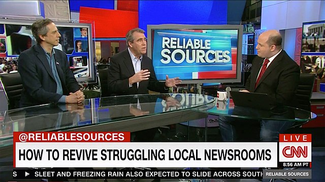 Report for America co-founders, Charles Sennott (center) and Steven Waldman (left) discuss the crisis in local news with Brian Stelter on CNN's Reliable Sources, Jan. 25, 2019.