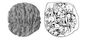 On the left is a carved medallion, found at Amaravati in a Buddhist shrine that dates from the later years BCE to the early CE. On the right, the individual images in the carving are outlined and numbered, explaining the narrative sequence and showing the audience how to “read” the medallion. Together, the two serve as an early example of visual rhetoric. (credit: “Chaddanta Jataja Amaravati” by Vidya Dehejia/Wikimedia Commons, CC0)