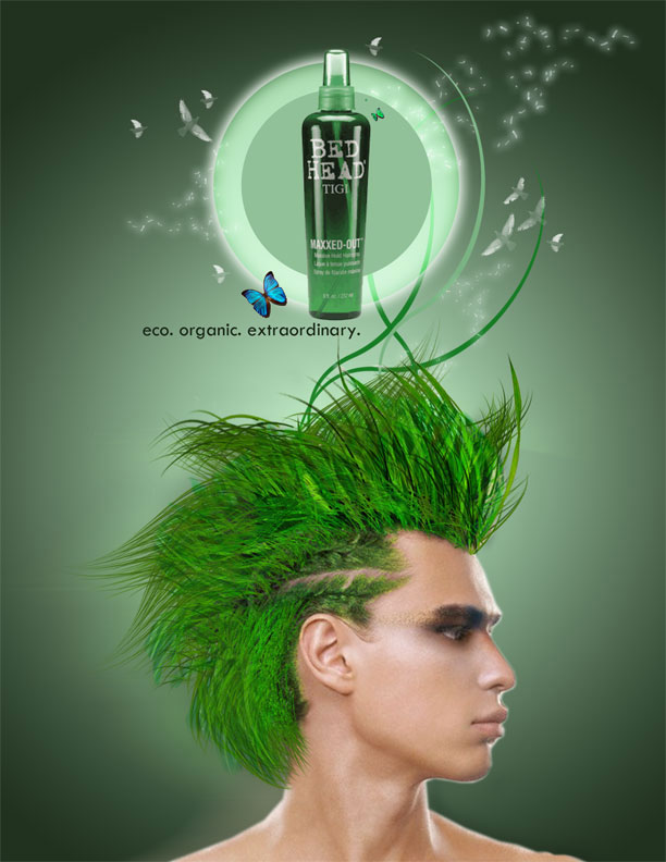 Ad for Bed Head shows a person with a green mohawk